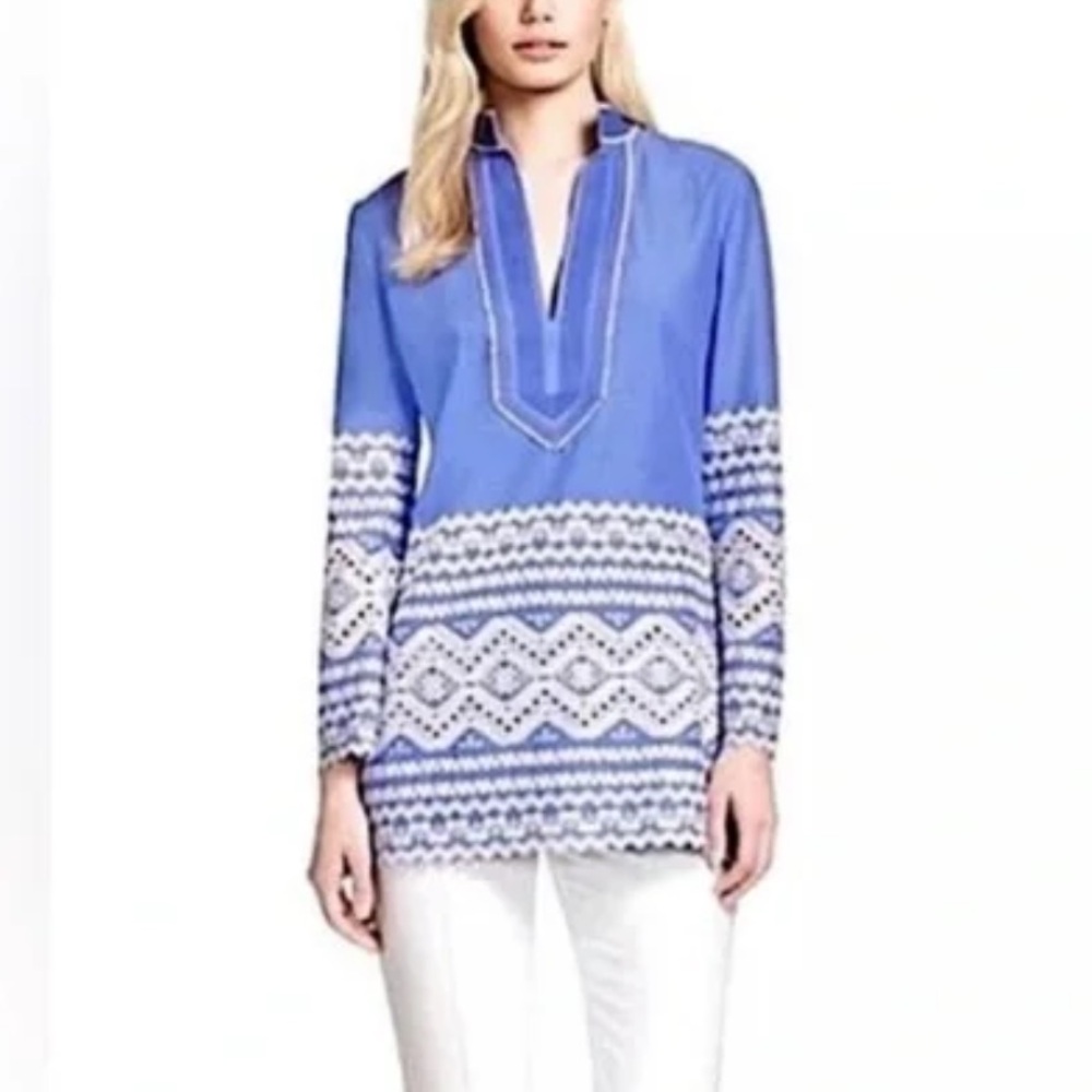 Tory Burch ZITA Blue Embroidered V Neck Tunic,  size 4
